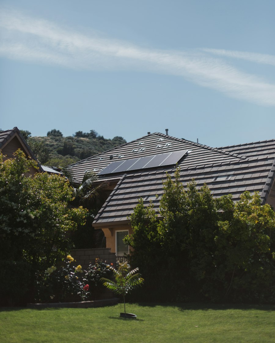 Telhado de telha com painéis solares rodeado de árvores